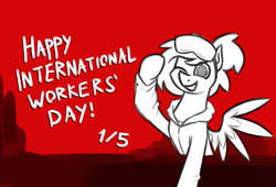Size: 1822x1238 | Tagged: safe, artist:moonatik, imported from derpibooru, oc, oc only, oc:moonatik, pegasus, pony, goggles, goggles on head, hair bun, international workers' day, limited palette, male, may day, one eye closed, pegasus oc, raised hoof, smiling, solo, stallion, wings, wink