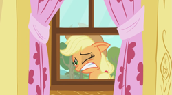 Size: 1303x722 | Tagged: safe, imported from derpibooru, screencap, applejack, pony, the show stoppers, apple, apple tree, applejack is best facemaker, clubhouse, crusaders clubhouse, female, food, gritted teeth, one eye closed, solo, teeth, tree, window