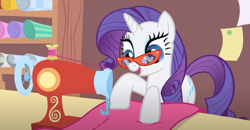 Size: 1296x672 | Tagged: safe, imported from derpibooru, screencap, rarity, unicorn, suited for success, female, glasses, horn, rarity's glasses, sewing, sewing machine, solo