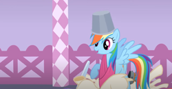 Size: 1298x675 | Tagged: safe, imported from derpibooru, screencap, rainbow dash, pegasus, pony, suited for success, bucket, carousel boutique, female, mannequin, solo