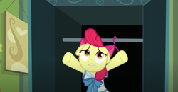 Size: 1310x682 | Tagged: safe, imported from derpibooru, screencap, apple bloom, earth pony, one bad apple, closet, clothes hanger, female, solo