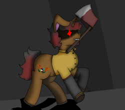 Size: 1440x1266 | Tagged: safe, artist:sp3ctrum-ii, artist:thomas.senko, imported from derpibooru, oc, oc only, oc:paul, pony, unicorn, axe, black hair, bunny ears, clothes, horn, male, red hair, smiling, solo, stallion, weapon
