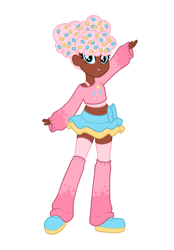 Size: 1640x2360 | Tagged: safe, artist:dreamscreep, imported from derpibooru, pinkie pie, human, equestria girls, bangs, blue eyes, clothes, curly hair, food, humanized, leg warmers, miniskirt, pigtails, pink hair, redesign, shoes, short shirt, simple background, skirt, sneakers, solo, sprinkles, sweater, thigh socks, tutu, white background