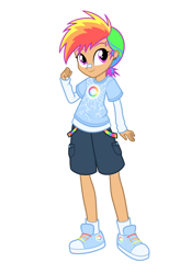 Size: 1640x2360 | Tagged: safe, artist:dreamscreep, imported from derpibooru, rainbow dash, human, equestria girls, bandaid, bandaid on nose, cargo shorts, clothes, converse, ear piercing, earring, eyebrow piercing, humanized, jewelry, multicolored hair, piercing, ponytail, rainbow hair, redesign, shirt, shoes, shorts, simple background, sneakers, socks, solo, t-shirt, tomboy, white background