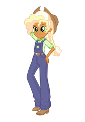 Size: 1640x2360 | Tagged: safe, artist:dreamscreep, imported from derpibooru, applejack, human, equestria girls, belt, blonde hair, boots, braid, braided ponytail, clothes, cowboy hat, curly hair, freckles, hat, humanized, overalls, ponytail, redesign, shirt, shoes, simple background, solo, white background