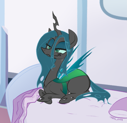 Size: 1107x1075 | Tagged: safe, artist:furseiseki, imported from derpibooru, queen chrysalis, changeling, changeling queen, bed, bedroom, bedroom eyes, bugbutt, butt, cute, cutealis, female, feral, smug, solo