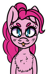 Size: 555x873 | Tagged: safe, alternate version, artist:lazerblues, imported from derpibooru, pinkie pie, earth pony, pony, blushing, chest fluff, looking at you, simple background, solo, tongue out, transparent background