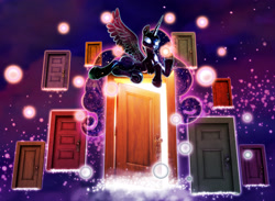 Size: 3253x2384 | Tagged: safe, artist:harwick, imported from derpibooru, tantabus, oc, oc:moondog, alicorn, fanfic:how the tantabus parses sleep, commission, door, dream doors, dreamscape, fanfic art, high res, looking at you, solo, spread wings, wings