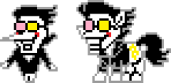 Size: 296x144 | Tagged: safe, artist:creepa-bot inc., imported from derpibooru, earth pony, pony, black hair, deltarune, glasses, pixel art, ponified, puppet, smiling, solo, spamton, style emulation