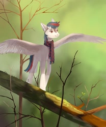 Size: 2500x3000 | Tagged: safe, artist:sivelu, imported from derpibooru, oc, oc only, pegasus, pony, clothes, forest, male, nature, scarf, solo, spread wings, stallion, tree, wings