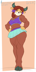 Size: 2250x4500 | Tagged: safe, artist:azuretto, imported from derpibooru, yona, anthro, unguligrade anthro, yak, abs, breasts, cheerleader, cheerleader outfit, clothes, cloven hooves, female, grin, hand on hip, high res, muscles, muscular female, smiling, solo, wip