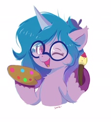 Size: 1873x2048 | Tagged: safe, artist:skylinepony_, imported from derpibooru, izzy moonbow, pony, unicorn, cute, female, g5, glasses, hat, horn, izzybetes, looking at you, mare, one eye closed, paint, paintbrush, palette, short mane, simple background, smiling, smiling at you, solo, white background