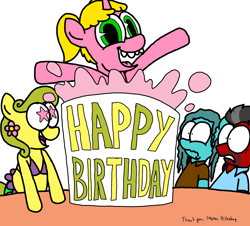 Size: 3351x3023 | Tagged: safe, artist:professorventurer, imported from derpibooru, oc, oc only, oc:bikini breeze, oc:claire annette, oc:mr. hooves, oc:pattycake, 25th anniversary, birthday cake, cake, food, grossed out, in memoriam, mr. krabs, popping out of a cake, simple background, special thanks, spongebob squarepants, white background