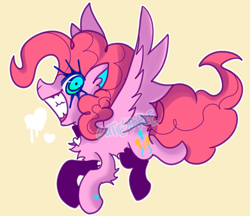 Size: 2208x1904 | Tagged: safe, artist:cutiesparke, imported from derpibooru, pinkie pie, pegasus, pony, adoracreepy, arm fluff, chest fluff, creepy, cute, female, flying, grin, gritted teeth, heart, hoof heart, looking at you, pegasus pinkie pie, race swap, simple background, smiling, solo, spread wings, teeth, underhoof, wide eyes, wings, yellow background
