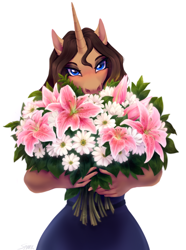 Size: 1400x1883 | Tagged: safe, artist:sparkling_light, imported from derpibooru, oc, oc only, anthro, unicorn, bouquet of flowers, clothes, dress, female, flower, horn, simple background, solo, white background