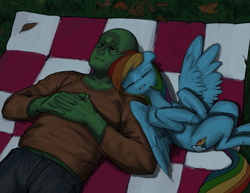 Size: 1200x927 | Tagged: safe, artist:redruin01, imported from derpibooru, rainbow dash, oc, oc:anon, human, pegasus, pony, duo, duo male and female, female, lying down, male, mare, open mouth, picnic blanket, sleeping