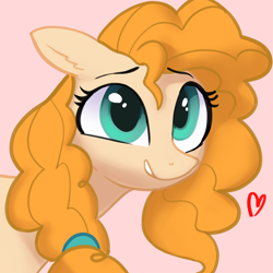 Size: 1000x1000 | Tagged: safe, artist:redruin01, imported from derpibooru, pear butter, earth pony, pony, bust, female, floating heart, heart, mare, pink background, simple background, solo
