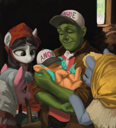 Size: 1500x1644 | Tagged: safe, artist:redruin01, imported from derpibooru, oc, oc only, oc:anon, oc:little league, earth pony, human, pony, baseball cap, cap, female, fine art parody, foal, hat, holding a pony, male, mare, ponified, shawl