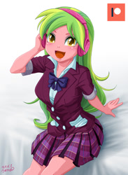Size: 876x1200 | Tagged: safe, artist:uotapo, imported from derpibooru, lemon zest, human, equestria girls, bowtie, clothes, crystal prep academy uniform, crystal prep shadowbolts, cute, female, headphones, open mouth, open smile, school uniform, smiling, solo, zestabetes