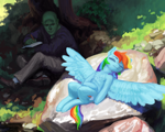 Size: 2000x1600 | Tagged: safe, artist:redruin01, imported from derpibooru, rainbow dash, oc, oc:anon, human, pegasus, pony, chest fluff, drawing, duo, duo male and female, eyes closed, female, human shoulders, lying down, male, mare, notebook, on back, sitting, sleeping, spread wings, sunbathing, wings