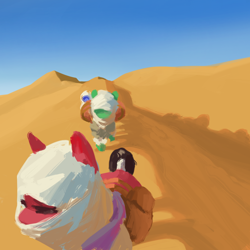 Size: 1000x1000 | Tagged: safe, artist:redruin01, imported from derpibooru, oc, oc only, earth pony, pony, bag, desert, duo, headdress, saddle bag, scenery