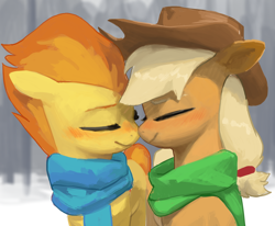 Size: 2424x2000 | Tagged: safe, artist:redruin01, imported from derpibooru, applejack, spitfire, earth pony, pegasus, pony, applefire, applejack's hat, blushing, clothes, cowboy hat, duo, duo female, female, hat, lesbian, nose to nose, scarf, shipping, snow, winter