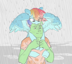 Size: 2000x1782 | Tagged: safe, artist:redruin01, imported from derpibooru, rainbow dash, oc, oc:anon, human, pegasus, pony, cute, duo, duo male and female, female, male, mare, piggyback ride, rain, wing shelter, wings