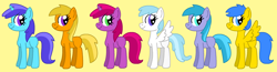 Size: 2275x594 | Tagged: safe, artist:maddiewondermanforever36, imported from twibooru, cotton cloudy, first base, liza doolots, noi, petunia, ruby pinch, tootsie flute, earth pony, pegasus, pony, unicorn, adorabase, adult blank flank, alternate mane six, alternate universe, aura (g4), aurabetes, blank flank, closed mouth, cottonbetes, cute, female, filly six, girly girl, group, image, mare, noiabetes, older, older aura (g4), older cotton cloudy, older first base, older liza doolots, older noi, older petunia, older ruby pinch, older tootsie flute, pegasus first base, pinchybetes, png, prototype, race swap, sextet, simple background, smiling, tomboy, tootsie cute, yellow background