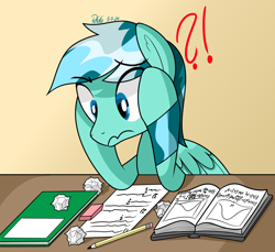 Size: 2000x1833 | Tagged: safe, artist:notadeliciouspotato, imported from derpibooru, oc, oc only, oc:wavewind, pegasus, pony, book, confused, exclamation point, gradient background, interrobang, male, notebook, pencil, question mark, signature, solo, stallion, table
