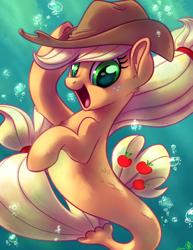 Size: 2550x3300 | Tagged: safe, artist:whitediamonds, imported from derpibooru, applejack, earth pony, seapony (g4), my little pony: the movie, applejack's hat, blue background, bubble, chest fluff, commission, cowboy hat, crepuscular rays, cute, digital art, dorsal fin, ear fluff, eyelashes, female, fin, fish tail, flowing mane, flowing tail, freckles, green eyes, happy, hat, high res, jackabetes, leg fluff, looking at you, mare, ocean, open mouth, open smile, scales, seaponified, seapony applejack, signature, simple background, smiling, smiling at you, solo, species swap, sunlight, swimming, tail, underwater, water, yellow mane, yellow tail
