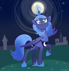 Size: 2254x2352 | Tagged: safe, artist:pfeffaroo, imported from derpibooru, princess luna, alicorn, pony, concave belly, female, folded wings, full moon, glowing, glowing horn, high res, hoof shoes, horn, large wings, magic, magic aura, mare, moon, night, night sky, outdoors, peytral, princess shoes, quadrupedal, raised hoof, raising the moon, s1 luna, sky, slender, solo, standing, thin, wings