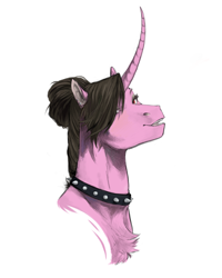 Size: 916x1143 | Tagged: safe, artist:penrosa, imported from derpibooru, oc, oc only, pony, unicorn, bust, chest fluff, choker, commission, curved horn, ear piercing, earring, female, horn, jewelry, mare, piercing, simple background, solo, spiked choker, white background
