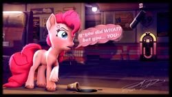 Size: 3840x2160 | Tagged: safe, artist:monarchy01, imported from derpibooru, pinkie pie, earth pony, pony, 3d, coffee, cross-popping veins, dialogue, drink, emanata, jukebox, microphone, solo, speech bubble, spilled drink, unshorn fetlocks