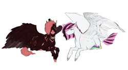 Size: 1593x870 | Tagged: safe, artist:penrosa, imported from derpibooru, oc, oc only, oc:dark chocolate cherry scarfire, oc:diamond prism, bat pony, hybrid, pegasus, pony, zony, duo, female, hat, lying down, mare, prone, scar, simple background, spread wings, top hat, tusk, white background, wings