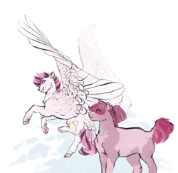 Size: 1581x1535 | Tagged: safe, artist:penrosa, imported from derpibooru, oc, oc only, pegasus, pony, chest fluff, duo, eye clipping through hair, eyebrows, eyebrows visible through hair, female, flying, mare, spread wings, unshorn fetlocks, wings