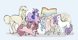 Size: 1920x997 | Tagged: safe, artist:penrosa, imported from derpibooru, applejack, fluttershy, pinkie pie, rainbow dash, rarity, twilight sparkle, alicorn, earth pony, pegasus, pony, unicorn, asexual pride flag, bisexual pride flag, chest fluff, curved horn, eye clipping through hair, eyebrows, eyebrows visible through hair, female, gay pride flag, gray background, horn, lesbian pride flag, mane six, mare, pansexual pride flag, pride, pride flag, simple background, trans female, transgender, transgender pride flag, twilight sparkle (alicorn), unshorn fetlocks
