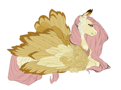 Size: 1249x931 | Tagged: safe, artist:penrosa, imported from derpibooru, fluttershy, pegasus, pony, alternate design, female, lying down, mare, peytral, prone, simple background, solo, white background