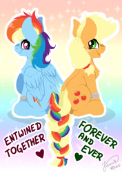 Size: 1920x2716 | Tagged: safe, artist:julunis14, imported from derpibooru, applejack, rainbow dash, earth pony, pegasus, pony, applebutt, appledash, back to back, braid, braided tail, butt, cute, dashabetes, duo, duo female, female, gradient background, heart, intertwined tails, jackabetes, lesbian, looking at each other, looking at someone, looking back, mare, married couple, no outlines, open mouth, open smile, plot, rainbow background, rainbutt dash, shipping, signature, sitting, smiling, sparkly background, tail, text, wedding band
