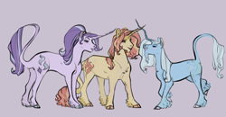 Size: 1920x997 | Tagged: safe, artist:penrosa, imported from derpibooru, starlight glimmer, sunset shimmer, trixie, classical unicorn, pony, unicorn, chest fluff, cloven hooves, curved horn, facial hair, female, goatee, horn, leonine tail, mare, simple background, trio, unshorn fetlocks