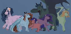 Size: 5443x2644 | Tagged: safe, artist:penrosa, imported from derpibooru, oc, oc only, oc:calla lily melody, oc:midsummer chaos, oc:pen rose, oc:pickled peyote, oc:star larkspur, oc:thornbriar, bat pony, earth pony, pony, beard, blue background, chest fluff, cloven hooves, facial hair, family, female, lineless, male, mare, simple background, spread wings, stallion, unshorn fetlocks, wings