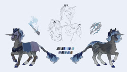 Size: 1184x675 | Tagged: safe, artist:penrosa, imported from derpibooru, oc, oc only, oc:nebulous night, pony, unicorn, armor, commission, female, helmet, horn, magic, mare, peytral, reference sheet, simple background, solo