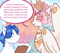 Size: 2048x1786 | Tagged: safe, artist:clarissasbakery, imported from derpibooru, princess celestia, alicorn, earth pony, pony, alternate design, clipboard, colored sclera, crown, dialogue, duo, duo male and female, eye clipping through hair, eyes do not belong there, female, implied drug use, jewelry, male, mare, master chief and luna hanging out, meme, multiple eyes, regalia, speech bubble, wing eyes, yellow sclera