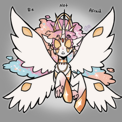 Size: 2048x2048 | Tagged: safe, artist:clarissasbakery, imported from derpibooru, princess celestia, alicorn, pony, alternate design, angel, be not afraid, biblically accurate angels, blank eyes, colored sclera, crown, eyes do not belong there, female, gradient background, jewelry, looking at you, mare, multiple eyes, multiple wings, regalia, solo, spread wings, talking to viewer, wing eyes, wings, yellow sclera