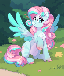 Size: 2086x2480 | Tagged: safe, artist:skysorbett, imported from derpibooru, oc, oc only, pegasus, pony, bush, coat markings, commission, cute, female, flower, grass, looking at you, mare, ocbetes, pegasus oc, raised hoof, sitting, smiling, smiling at you, solo, spread wings, wings