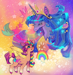 Size: 962x1000 | Tagged: safe, artist:njeekyo, imported from derpibooru, sunny starscout, twilight sparkle, alicorn, earth pony, pony, the last problem, blushing, duo, duo male and female, female, g5, looking up, male, mane stripe sunny, mare, older, older twilight, older twilight sparkle (alicorn), princess twilight 2.0, race swap, rainbow, sunny and her heroine, sunnycorn, twilight sparkle (alicorn)