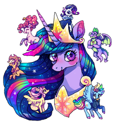 Size: 600x650 | Tagged: safe, artist:njeekyo, imported from derpibooru, applejack, fluttershy, pinkie pie, rainbow dash, rarity, spike, twilight sparkle, alicorn, dragon, earth pony, pegasus, pony, unicorn, the last problem, blush sticker, blushing, bust, clothes, eyes closed, female, gigachad spike, granny smith's shawl, horn, looking at you, male, mane seven, mane six, mare, older, older applejack, older fluttershy, older mane seven, older mane six, older pinkie pie, older rainbow dash, older rarity, older spike, older twilight, older twilight sparkle (alicorn), open mouth, open smile, princess twilight 2.0, rearing, scarf, simple background, smiling, smiling at you, spread wings, transparent background, twilight sparkle (alicorn), winged spike, wings