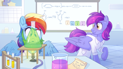 Size: 2560x1440 | Tagged: safe, artist:skysorbett, imported from derpibooru, rainbow dash, oc, oc:sea wave, pegasus, pony, chemistry, clothes, duo, duo male and female, female, flask, formula, indoors, lab coat, laboratory, looking at someone, male, mare, open mouth, partially open wings, pegasus oc, raised hoof, science, stallion, table, test tube, wings