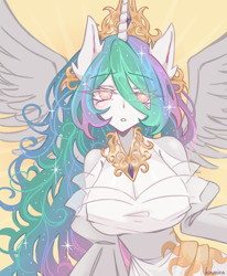 Size: 3300x4000 | Tagged: safe, artist:hinorica, imported from derpibooru, princess celestia, alicorn, anthro, bare shoulders, big breasts, breasts, busty princess celestia, cleavage, clothes, cutie mark eyes, dress, eye clipping through hair, eyebrows, eyebrows visible through hair, female, high res, huge breasts, looking at you, mare, simple background, solo, spread wings, wingding eyes, wings, yellow background