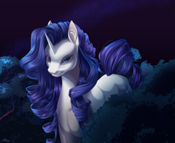 Size: 2127x1732 | Tagged: safe, artist:chayfurry, imported from derpibooru, rarity, pony, unicorn, blue eyes, blue mane, blue tail, cloud, curly mane, curly tail, digital art, eyelashes, female, forest, high res, horn, lidded eyes, looking at you, mare, moonlight, nature, night, signature, sky, smiling, smiling at you, solo, stars, tail, tree, walking