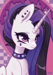 Size: 1795x2528 | Tagged: safe, artist:lenori, imported from derpibooru, princess celestia, alicorn, pony, between dark and dawn, checkered background, collar, digital art, ear piercing, earring, emo, halftone, jewelry, makeup, piercing, punklestia, solo